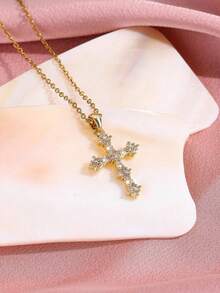 1pc Stainless Steel Cross Necklace With Zirconia, Suitable For Women's Daily Wear - Yellow Gold 2 - View 3