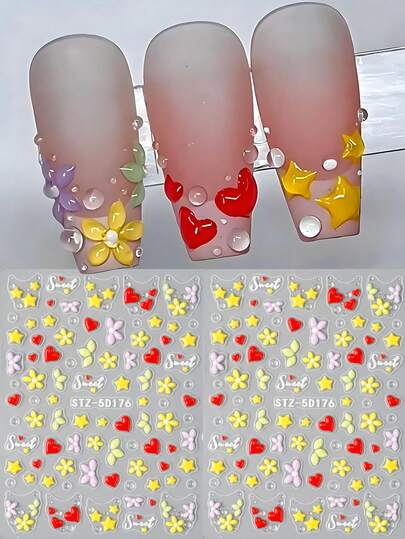 2片彩色花瓣5D浮雕美甲贴纸，柔软雕刻花朵、星星、爱心、水滴美甲贴花，春夏美甲用品，DIY婚礼美甲饰品装饰