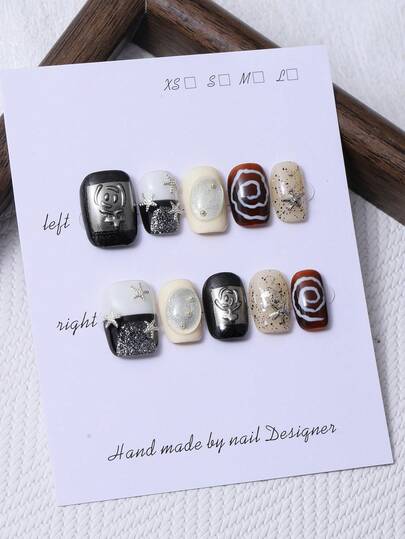 10片/套 手工制作Y2K黑色风格短方形美甲贴片，3D手工透明按压式设计，手工绘制镀金玫瑰图案。包含1片果冻胶和1把指甲锉。非常适合派对和正式场合佩戴，是美甲贴片和美甲护理产品的理想之选。