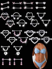 乳环不锈钢心形蝴蝶月亮花锆石耳钉舌环套装可爱乳环穿刺饰品女士粉色 - 銀色和粉紅色 - 查看 1