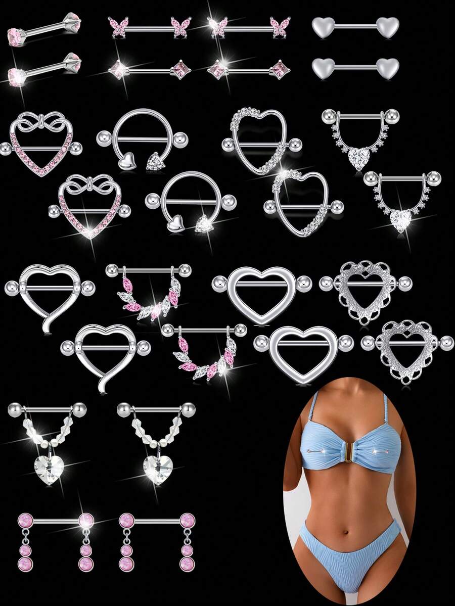 乳环不锈钢心形蝴蝶月亮花锆石耳钉舌环套装可爱乳环穿刺饰品女士粉色 - 銀色和粉紅色 - 查看 1