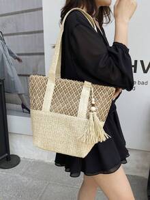1個時尚海灘度假肩背托特包，大容量編織手提包女款，適合派對、宴會、日常通勤，可收納手機、鏡子、鑰匙、口紅、錢包，聖誕節、母親節、生日禮物首選 - 彩色 - 查看 6