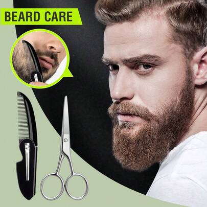 J·FOCUS 两件套胡须修剪套装，包含不锈钢胡须剪刀和可折叠胡须梳，符合人体工学的舒适握柄，方便旅行和居家使用，是男士胡须护理和造型的理想之选，也是完美的父亲节礼物。