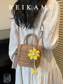 BEIKAMU New Khaki Woven Mesh Bag, Floral Decor Drawstring Tote Basket Bag, Handheld & Crossbody Versatile Beach Bag For Women - Khaki - View 4