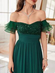 SUPGIR Heart-Shaped Neckline Sequin Pearl Ruffle Mesh Three-Layer Sleeve Waist Pleated Split Chiffon Formal Dress - Dark Green - View 5