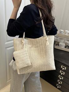 Fashionable Straw Woven Tote Bag, Casual Large Capacity Shoulder Bag For Women, Spring/Summer - Beige - View 5