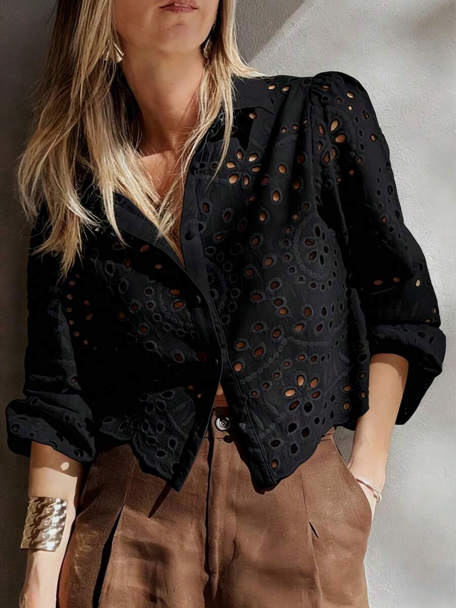 Women's Solid Color Hollow Embroidered Vacation Shirt - Black - View 1