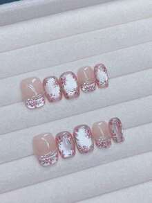 10Pcs Pink Hand-Painted 3D Flower Faux Pearl Chain French Bright Faux Pearl-Eye Floral Wearable Nail Home Dating Short Trapezoid Detachable Full Cover Nails Nail Art Lovers Ladies And Girls Press On Nails Nail Supplies Nails - 粉色 - 查看 1