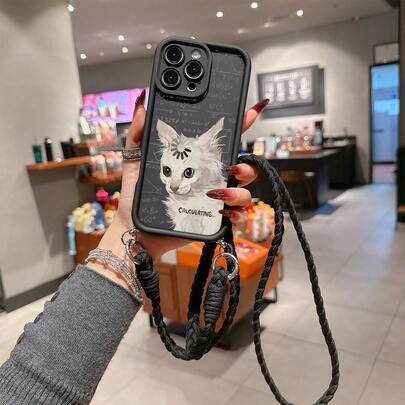 1条手工编织挂绳 + 数学猫图案TPU黑色手机壳，适合作为情侣、女友、女儿、青少年的生日和圣诞礼物