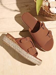 Women's Yellow-Brown Woven One-Strap Wedge Ankle Strap Platform Sandals - Brown - View 5