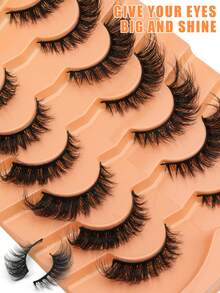 7对/包 自然蓬松仿貂毛假睫毛，迷人凌乱毛绒假睫毛，8D纤长浓密假睫毛，狐狸眼提拉妆效，整条假睫毛，睫毛嫁接 - 黑色 - 查看 5