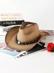 1pc Solid Color Bohemian Casual Straw Jewel Cowboy Beach Hat, Sunscreen, Suitable For All Seasons, Unisex, Versatile For Commuting - Teardrop Hat - View 42