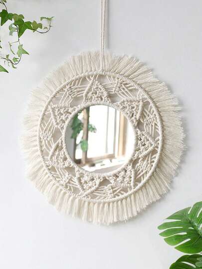 1pc Handmade Woven Round Tassel Mirror - Recessed Wall Mounted Makeup Mirror, Suitable For Bathroom, Vanity, Living Room, Entryway, Hallway, Foyer As Home Decor And Gift