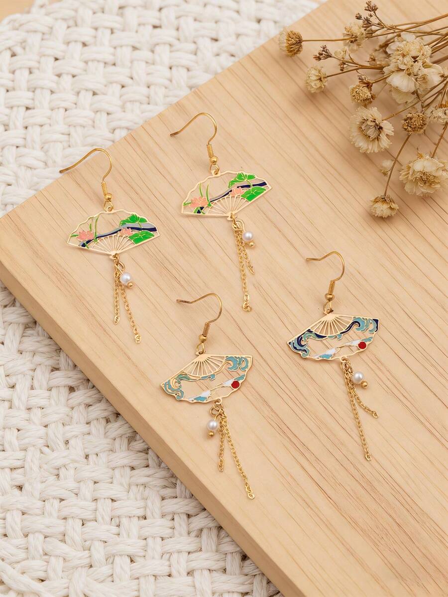 1 Đôi bông tai hình quạt bất đối xứng kiểu Trung Quốc cổ điển - Nhiều màu - Xem 1