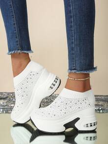 Summer New Thick Sole Sock Boots Women Elastic Pull-On Wedge Heels Rhinestone Increased Height Casual Shoes - White - View 3