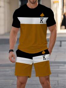 男士三色拼接“K”字母和爱心图案圆领短袖T恤，搭配休闲短裤套装 - 彩色 - 查看 3