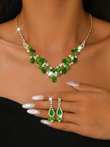 1pc Red Crystal Jewelry Set, V-Shaped Cluster Necklace & Earrings, Luxury Style, Suitable For Formal Events, New Year's Eve Gift - Green - View 2