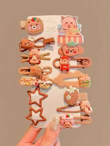 14pcs Capybara Side Clip, Woodland Style Brown Bangs Clip, Cute Hamster Hair Accessories - Multicolor - View 12