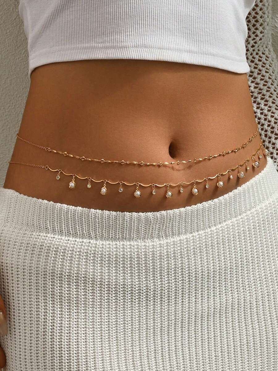 2pcs/Set Women's Elegant Crystal & Faux Pearl Tassel Waist Chain, Fashion Double-Layer Gold Chain Layered Body Chain, Suitable For Daily Wear, Dates, Photo Shoots, Holidays. Handmade Chain Length And Bead Count Are Adjustable - Multicolor - View 1