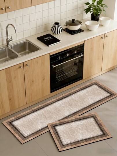 1pc Silica Gel Kitchen Mat With Light Brown Base Color And Imitation Linen Texture Center Design, Surrounded By A Dark Brown Chinese Geometric Border Frame, Presenting A Minimalist Retro Style. The Kitchen Mat Has A Luxurious And Fashionable Design, Cushioning And Anti-Fatigue, Made Of Surface Fabric, Middle Sponge Absorbent Material, And Bottom Rubber Material That Is Not Easy To Dirty. Approximately 3.5mm Thick, Can Be Trimmed To Any Size.
