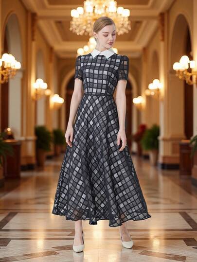 DEVCHATA Đầm dạ hội kẻ caro jacquard trang nhã và thanh lịch dành cho nữ, chất liệu vải jacquard dệt kim, kiểu dáng cổ điển, phù hợp cho các dịp thường nhật, nghỉ lễ, tiệc tùng, cocktail (Họa tiết hoa ngẫu nhiên)