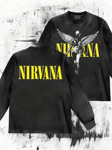 Fashionable Hip-Hop For Men - Long Sleeve T-Shirts Black Nirvanas Angel Graphic Street Wear, Graphic T-Shirt, Funny Vintage Shirts, Regular Fit, Street Style, Digital Print, Ideal Gift - 黑色4 - 查看 3