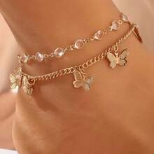 Dainty 2 Pieces Butterfly Beaded Anklet Set, Gold Plated Charm Foot Chain, Boho Summer Beach Ankle Jewelry For Women - 2 Butterfly Items - View 3
