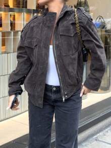 DEEKA Spring & Autumn New Women's Fashion European And American Style Suede Leather Casual Jacket - Chestnut 1 - View 3