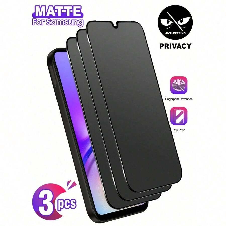 3pcs Matte Privacy Screen Protector Film, Compatible With Samsung Galaxy Series - Fingerprint-Resistant Smooth Coating, Bubble-Free, Easy To Apply Anti-Spy Waterproof Shockproof Anti-Fall Scratch Resistant - Black - View 1