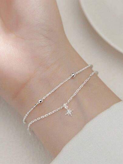 Nooxian Set de 2 piezas de pulseras de joyería de plata para mujer, pulsera elegante y casual con elemento de cadena de estrella de plata y colgante de octágono de circonita, adecuado para uso diario