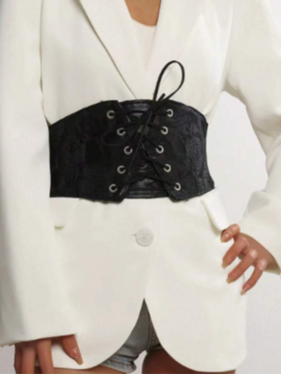 1件装女士文艺复兴风格黑色系列时尚宽腰带，可调节松紧带，适合万圣节和文艺复兴时期服装 - 黑色 - 查看 1