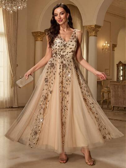 Women's Elegant V-Neck Sequin Gold Formal Dress, Sleeveless Contrast Mesh Hem, Suitable For Wedding Guests, Galas, Formal Dinners, Graduation Ceremonies, And Other Formal Occasions