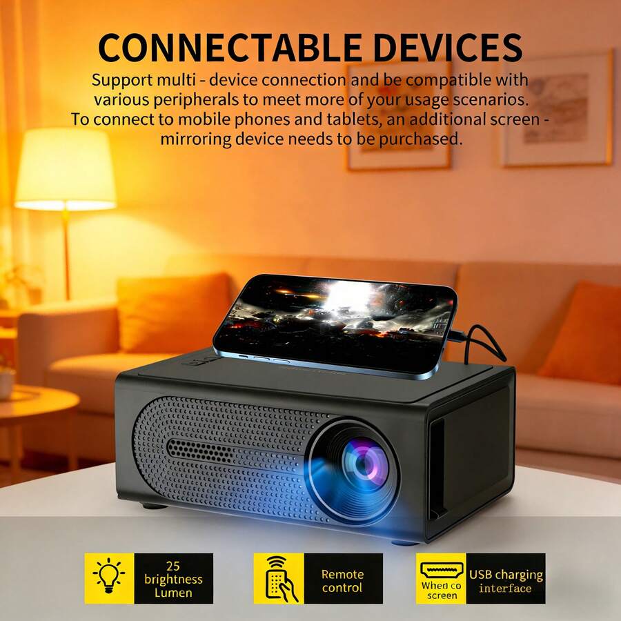 1080P原生便携式迷你投影仪 - 自动梯形校正和快速对焦，120英寸大屏幕投影，兼容/安卓/笔记本电脑/电视棒/USB，适用于家庭影院、卧室、办公室、户外露营电影之夜（灯泡寿命30000小时）