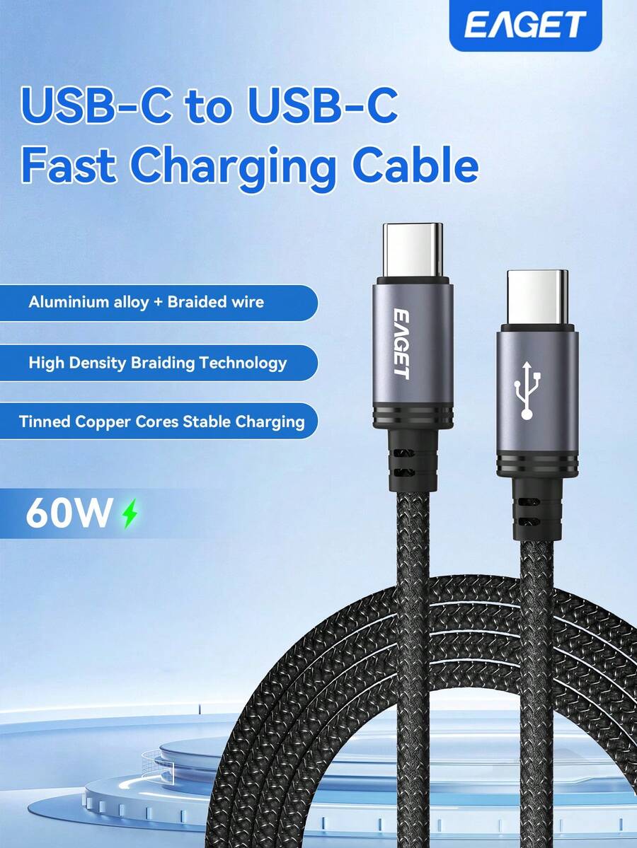 60W快充Type-C转C充电线，编织耐用线材，铝合金插头，100cm/200cm长度，适用于智能手机、平板电脑、笔记本电脑 - 黑色 - 查看 1
