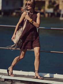 Women Plaid Outfit, Long Sleeve Tie-Up Crew Neck T-Shirt With Elastic Waist Shorts Summer Outfit - 咖啡棕 - 查看 3