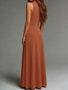 Solid Color Sleeveless Dress, Vintage Flared Long Dress, Versatile For Work And Vacation Summer Elegant - Brown - View 5