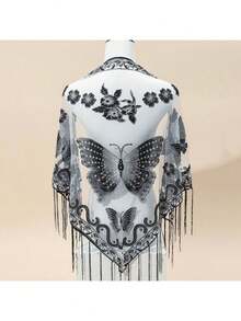29.5inch * 55.1inch Triangle Scarf, Butterfly Flower Embroidered Lace Tassel Shawl, Elegant Breathable Windproof Outdoor Accessories - 黑色 - 查看 1