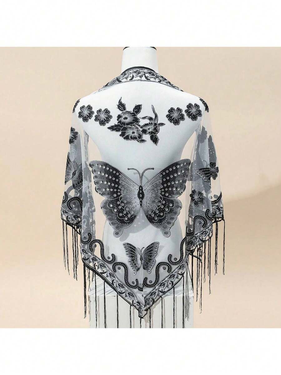 29.5inch * 55.1inch Triangle Scarf, Butterfly Flower Embroidered Lace Tassel Shawl, Elegant Breathable Windproof Outdoor Accessories - 黑色 - 查看 1