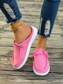 Solid Color Corduroy Flat Mule Slippers, Lace-Up Round Toe Low-Top Design, Sweet & Cool Style, Eye-Catching For Daily Wear, Suitable For All Seasons - Hot Pink - View 3