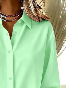 Basic Casual Plus Size Women's Long Sleeve Lightweight Button-Up Shirt - Mint Green - View 6