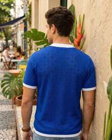 Men's Knit T-Shirt Brazil V-Neck Textured Comfortable Knit Blouse - Blue - View 3