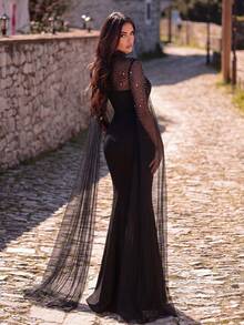 Faeriesty 优雅高领亮片晚礼服：长袖透视披肩连衣裙，全身刺绣串珠细节，美人鱼廓形，拖尾飘逸——是婚礼摄影、教堂仪式、正式晚宴、红毯派对的理想之选，春季黑色 - 黑色 - 查看 1