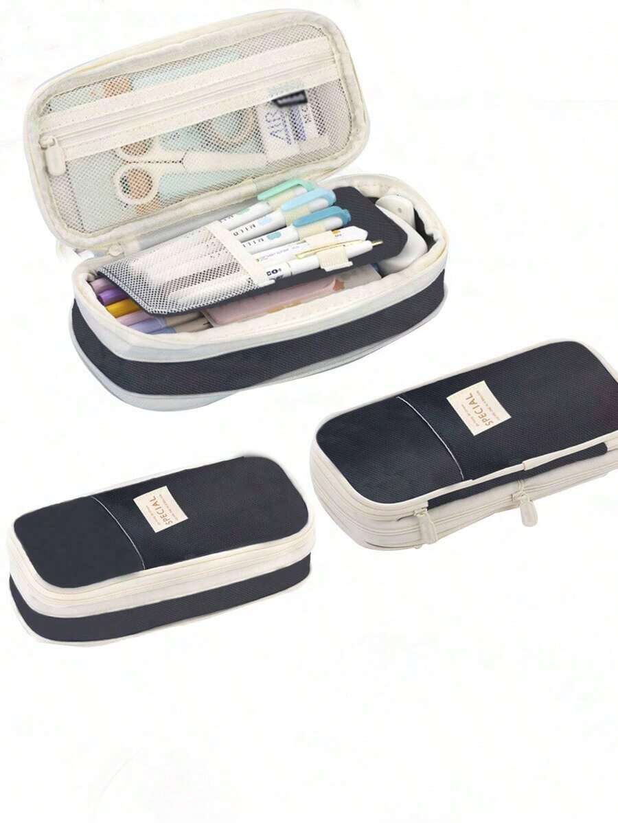 Macaroon Color Splicing Pencil Case, Stationery Box, Storage Bag, Gift , Students, Boys And Girls Back To School,Back To School,School Supplies,Pencil Pouch,School Bag - 黑色 - 查看 1