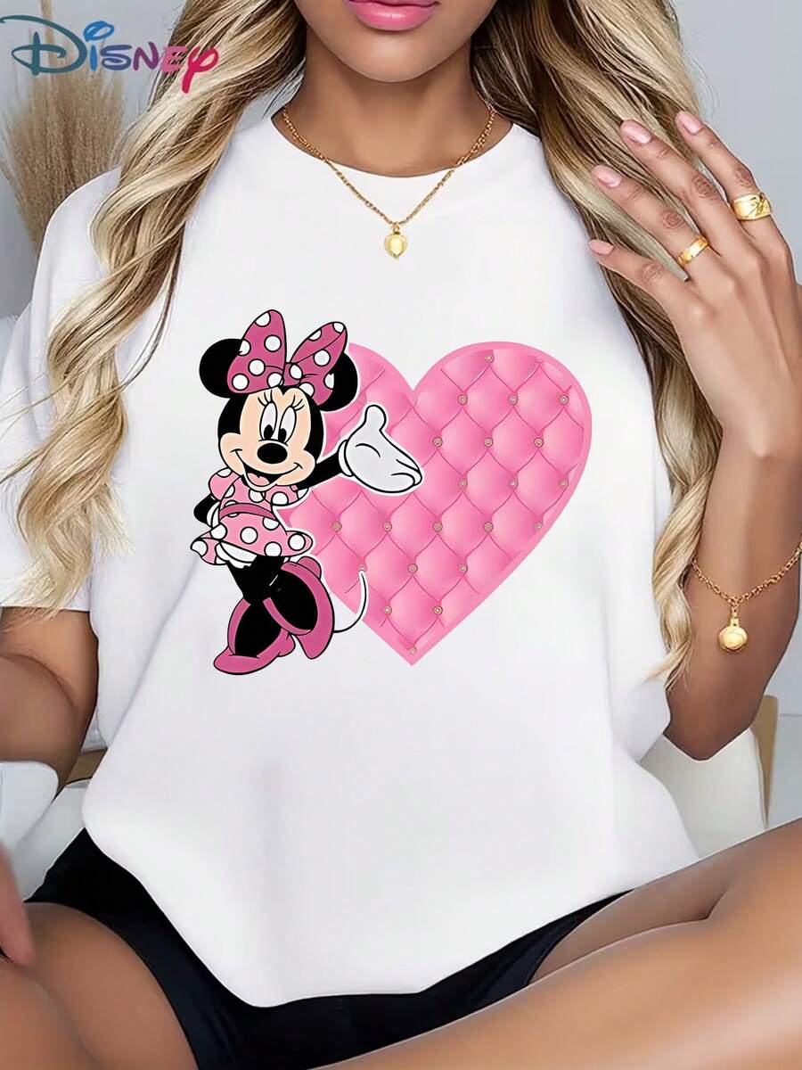 Disney Red Minnie Mouse Theme Crew Neck T-Shirt, Heart-Shaped Pillow Character Print - Soft And Versatile For Everyday And TravelMade From Soft, Comfortable, And Durable Pure Cotton, This Is An Ideal Choice For Spring And Summer. This Crew Neck T-Shirt Is Suitable For Various Occasions, Including Everyday Wear, Shopping, Parties, Travel, And Gatherings, And Also Makes A Thoughtful Gift. - 黑色 - 查看 1