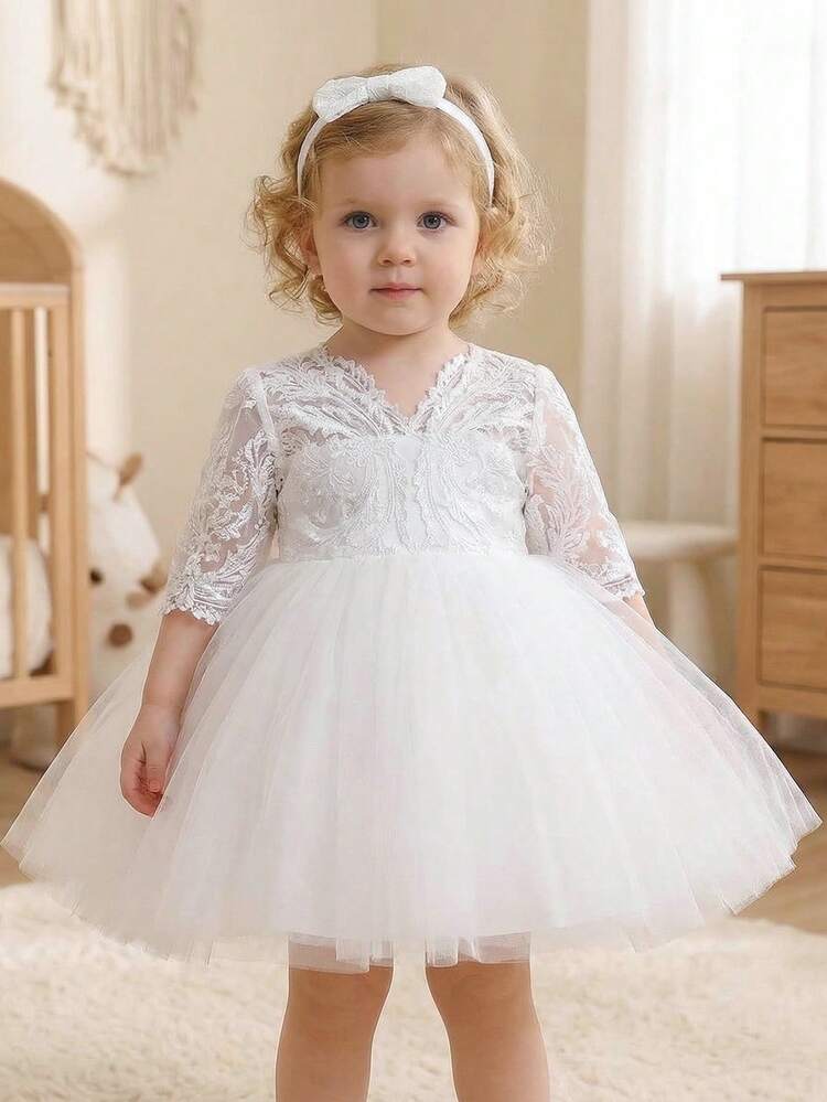 Vestido elegante de niña con encaje bordado y malla en corte A, con decoración de moño 3D, de manga corta, vestido versátil para fiestas, adecuado para salidas diarias, vacaciones, fiestas, cumpleaños, bodas y otras ocasiones - Blanco - Añade 6