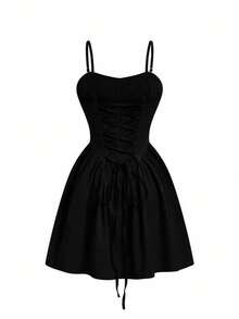 女士纯色梭织褶皱A字优雅时尚度假性感情人节连衣裙 黑色夏季 - 黑色 - 查看 3