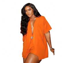 Fashion Casual Women's Set, Solid Color Short-Sleeve Blazer, Summer High-Waist Shorts Two-Piece Set For Women - 桔色 - 查看 5
