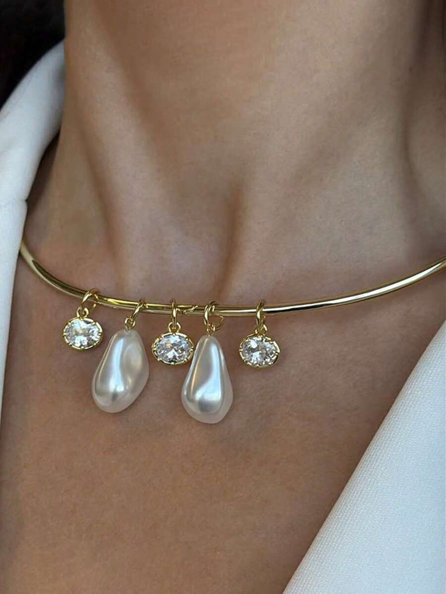 1pc Fully Paved Crystal & Cultured Pearl Open Collar Necklace, Elegant For Banquet & Party - Gold - View 1