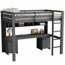 Loft Bed 90 X 200 Cm, Children's Bed, Bunk Bed, Table Underneath, Large Storage Space, High Guardrail, Sturdy Staircase, Grey - Dark Grey - View 8
