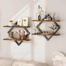 EZIFY 2-Piece Wooden Diamond Floating Shelves, Wall Mounted Space-Saving Anti-Wobble Organizer For Living Room/Bedroom - Brown Two-piece Set - View 12